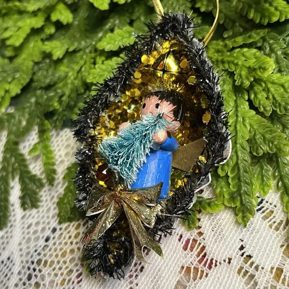 Vintage Diamond Tart Tin Angel & Tree Diorama Mid Century Style Glitter Ornament